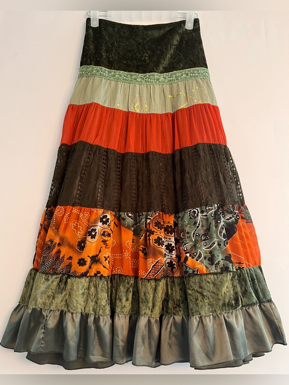 Vintage 90s Whimsigoth Tiered Patchwork Maxi Skirt M Velvet Lace Boho Earthy